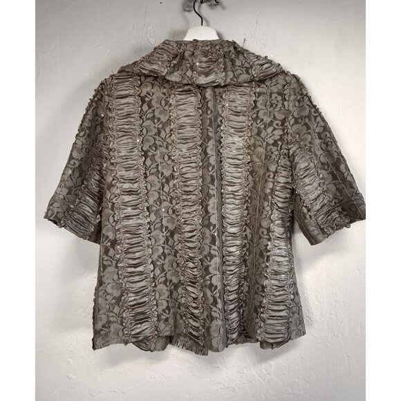 I.C by Connie K Womens Satin Lace Ruffle Blazer Jacket Medium Beige Button Front - Picture 2 of 7